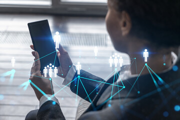 Businesswoman using phone, work in modern office on new project. Double exposure. Concept of...