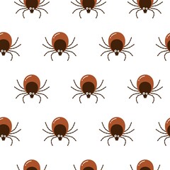Seamless pattern brown tick insect icon isolated on white background. Mite bug drawn abstract print, vector flat design