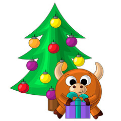 Fototapeta premium Cute cartoon little bull, Christmas tree and gift