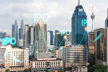Fototapeta premium IPO icon hologram over panorama city view of Kuala Lumpur. KL is the hub of initial public offering in Malaysia, Asia. The concept of exceeding business opportunities. Double exposure.