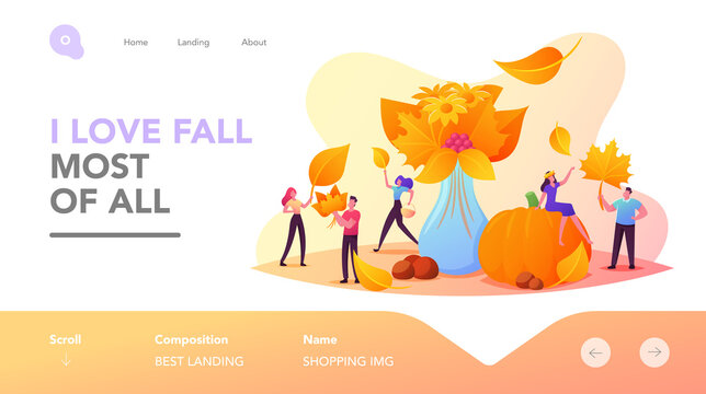 Fall Season, Outdoor Activity Landing Page Template. Tiny Characters Collecting Autumn Bouquet of Colorful Fallen Leaves