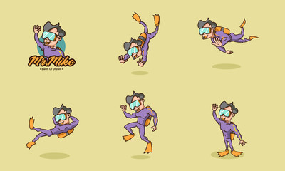 cartoon diver in vintage retro character shape