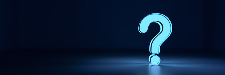 Blue glowing question mark on dark background with empty copy space on left side. 3D Rendering