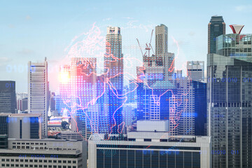 World planet Earth map hologram over panorama city view of Singapore, Asia. The concept of international connections and business. Multi Exposure.