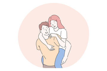 Love, dating, romance, relationship, togetherness, couple concept. Young loving smiling girlfriend cartoon character riding on her boyfriends back and hugging him from behind during date 