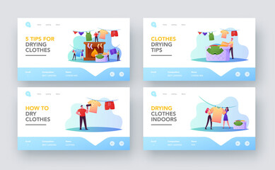 Fototapeta na wymiar Tiny Characters Drying Wet Clothes Landing Page Template Set. People Hang Wet Clothing on Rope and Fire, Household Duty
