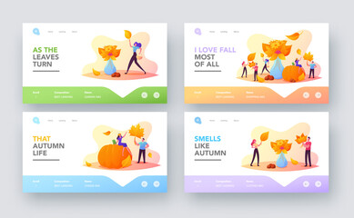 Fall Season Outdoor Activity Landing Page Template Set. Tiny Characters Collect Autumn Bouquet of Colorful Fallen Leaves