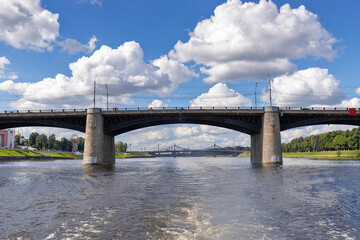 Fototapeta premium Tver. Tver region. Walk along the Volga. View of the New Volga bridge and the old Volga bridge.