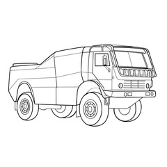 sketch of a big truck, coloring book, cartoon illustration, isolated object on white background, vector, eps