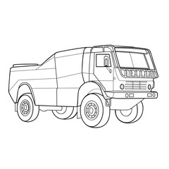 sketch of a big truck, coloring book, cartoon illustration, isolated object on white background, vector, eps