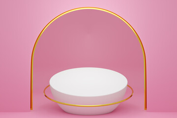 3d illustration of a scene from a circle with round arch at the back on a  pink background. A close-up of a white round monocrome pedestal.