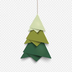 Obraz premium Vector paper crafted paper Christmas tree on a transparent background. Design elements for christmas cards.