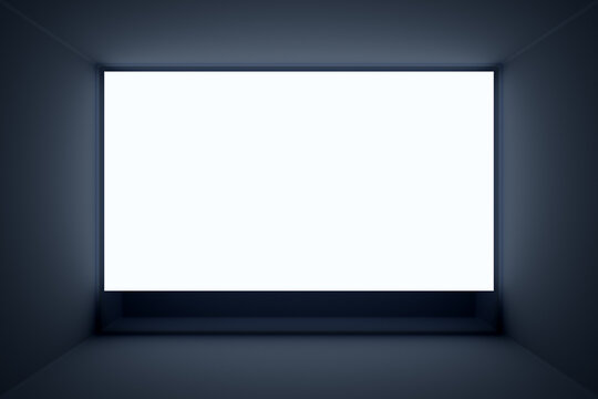 3D illustration mock up of a white screen in black room  . Design, illustration for web banner, web and mobile, infographic. Application presentation concept