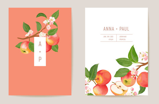 Watercolor wedding apple floral invitation. Autumn fruits, flowers, leaves card. Botanical Save the Date