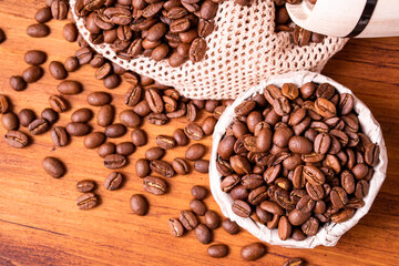 Homemade cafe fresh hot espresso in steam white mug cup brew from organic sustainable coffee shop drink roasted brown bean with recycle disposable paper package with refresh aroma