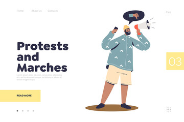 Protests and marches landing page concept with activist speaking in loudspeaker at demonstration