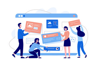 Website design development  concept. Landing page template designed by men and women. Flat style, vector illustration on white background.