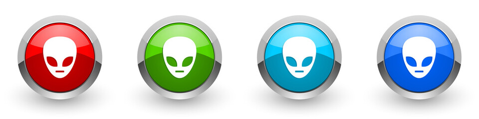 Alien face silver metallic glossy icons, set of modern design buttons for web, internet and mobile applications in four colors options isolated on white background