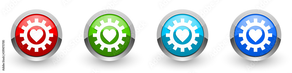 Poster heart in cogwheel silver metallic glossy icons, set of modern design buttons for web, internet and m