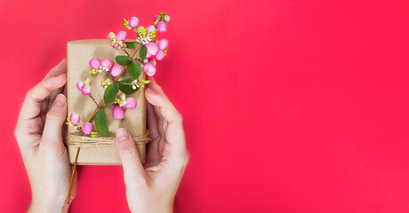 gift in craft paper with branch with pink berries of snowberry pink in woman's hands with copy space