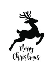 Vector black jumping Reindeer Deer with antlers .Silhouette drawing illustration isolated on white background .Merry Christmas lettering.Gift greeting card.Winter decoration element.Happy New Year.