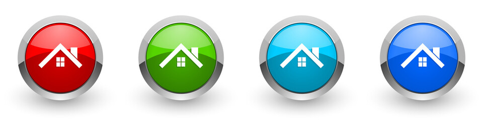 House, roof and window silver metallic glossy icons, set of modern design buttons for web, internet and mobile applications in four colors options isolated on white background