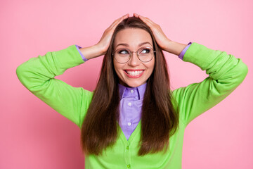 Close-up portrait of nice attractive cheerful glad girl geek got good news isolated over pink...