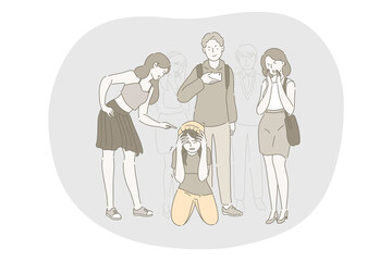 School abuse, harassment, bullying, aggression concept. Group of angry teenagers classmates cartoon characters pointing and abusing sitting on floor unhappy scared depressed girl in school