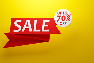 3d illustration design of a banner on a red ribbon for mega big sales with the inscription sale and 70% discount. Red tag templates with special offers for purchase on white background
