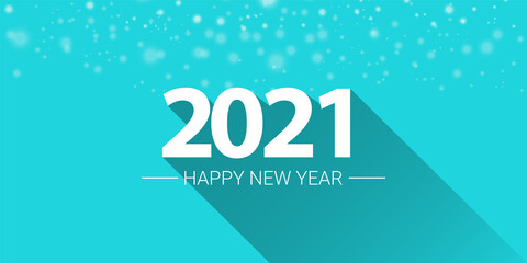 2021 Happy new year horizontal banner background or greeting card with text. vector 2021 new year numbers isolated on a turquoise horizontal background with falling snowflakes