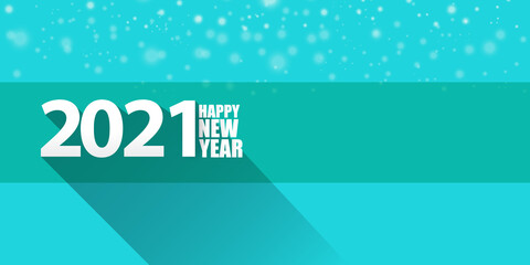 Obraz premium 2021 Happy new year horizontal banner background or greeting card with text. vector 2021 new year numbers isolated on a turquoise horizontal background with falling snowflakes