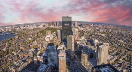 Obraz premium Amazing sunset colors of Boston. Aerial view of city skyline at dusk