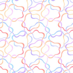Colorful watercolor vector liquid rounded shapes tangled seamless vector pattern. Wavy, winding crossing fluid lines. Blue, lilac, pink watercolour stains. Painted chaotic, intricate background.