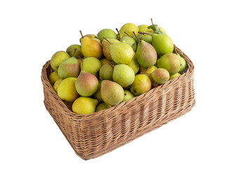 Ripe green and red-sided pears in a wicker basket on a white background, close-up. Juicy and healthy fruit