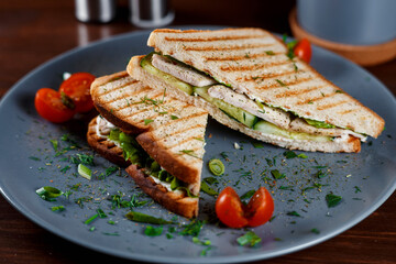 Toasted shredded chicken breast and salad sandwich served on a rustic wooden table wrapped in a brown paper wrapper tied with string with vignetting and copyspace