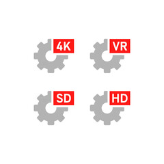 Set of video quality settings icon. HD, SD, 4K, VR flat design isolated. Vector