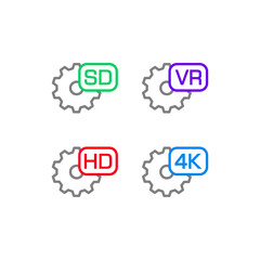 Set of video quality settings icon. HD, SD, 4K, VR flat design isolated. Vector