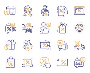 Discounts line icons. Sale Coupon, phone with percent sign, Discount price tag. Wholesale store market, calendar, hot deal line icons. Coupon ticket, megaphone offer, delivery discount. Vector