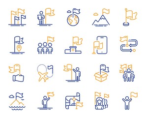 Flag line icons. Leadership, Goal Success, Winner with Flag. Navigation Map, Travel goal destination, People protest line icons. Mountain with Flag pole, Delivery box, Ownership. Vector