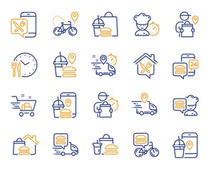 Food delivery line icons. Courier, Deliveryman, Grocery retail. Delivery truck, meal bag, home food order icons. Cart deliver, contactless service, courier location. Fast food package. Vector