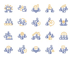 Teamwork line icons. Working at home, Online Team worker, Remote office. Artificial intelligence, Growth chart, Online home job line icons. Remote team work, people study, programmers. Vector