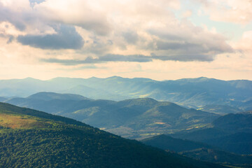 Fototapeta premium wonderful alpine landscape on summer evening. rolling hills of great mountain range in warm light beneath a fluffy clouds on a blue sky