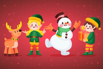 Christmas characters - animals, snowmen, Santa Claus. Cute Woodland characters, bear, fox, raccoon, hedgehog, penguin and squirrel. Vector illustration.