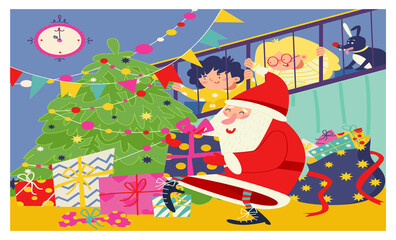 People preparing for Christmas set of vector illustrations scenes. Decorating Christmas tree with baubles and garland. Happy family or friends prepare for Christmas holiday celebration. Xmas presents.