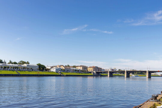 Tver. Tver region. Walk along the Volga. Historical buildings on the embankment of Stepan Razin. 18th-19th century