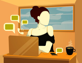 Freelance, home schooling. Messages and calls in messengers. Girl in front of a laptop with a cup of tea. Large panoramic window in the background. Warm colors. The phone is connected to the laptop. 