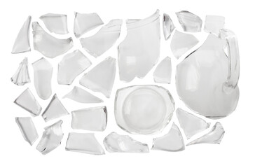 Set of broken glass fragments isolated on white background. Smashed pieces of transparent jar