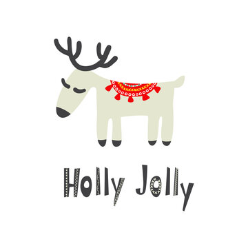 Cute light grey winter reindeer with ethnic blanket. Christmas vector illustration, Holly Jolly design in flat childish style. Isolated elements on white background. Holiday minimalistic greeting card