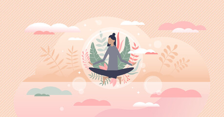 Meditation harmony and balance as floating peace bubble tiny person concept