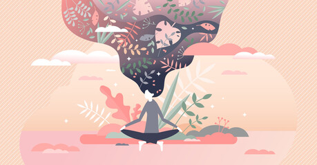 Meditation therapy as mind and body harmony and balance tiny person concept